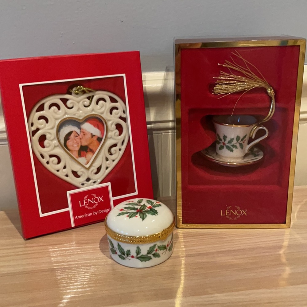 Vintage Lenox Christmas Ornaments & Trinket Box Holly Berry